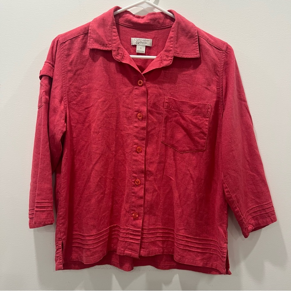 ✅ vintage Christopher & Banks small Pink linen Blend Top blouse shirt 3/4 sleeve